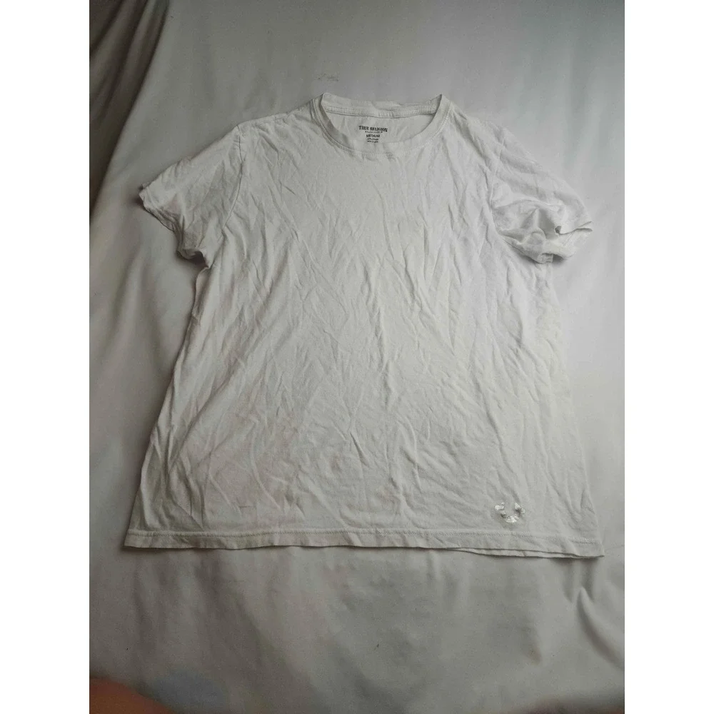 True Religion Mens White Short Sleeve Crew Neck T-Shirt Silver Logo Size Medium